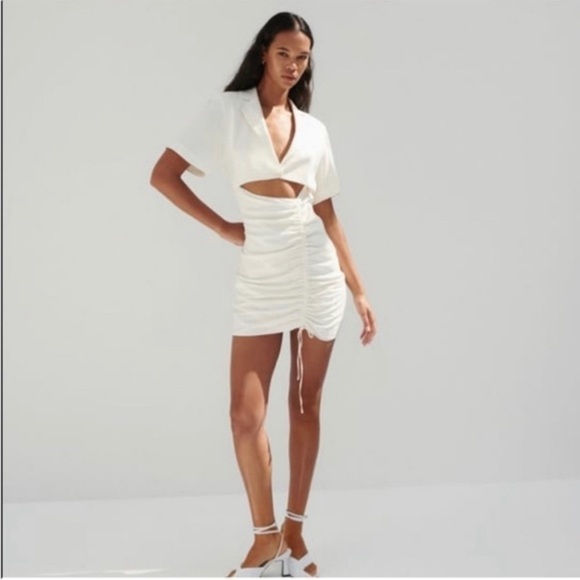 Zara Linen Blend Cut Out Ruched White Mini Dress Bloggers Fav - Picture 6 of 11